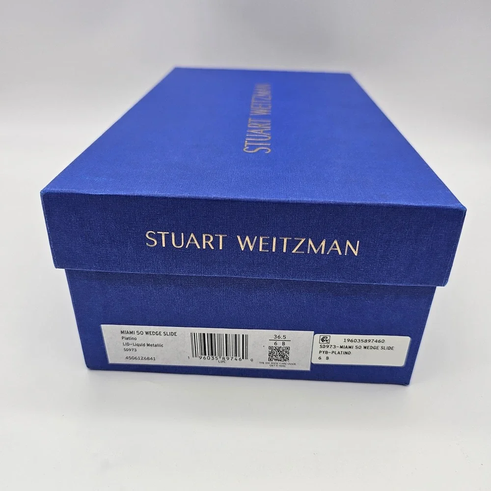 Stuart Weitzman Womens Miami 50 Wedge Slide‎ Metallic Gold Sandal Platino 6B - Picture 9 of 9